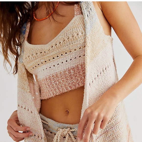 FREE PEOPLE SOUTHWEST SWEATER SET COTTON CROCHET KNIT IN SUNSET COMBO SIZE L - Picture 4 of 16